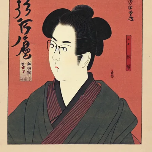 Prompt: Ukiyoe of a man with short hair and round glasses, outdoors, detailed face