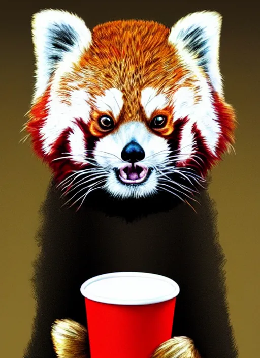 Prompt: red panda, paper cup, fantasy, woodroffe art style, highly detailed, digital painting, artstation, concept art, illustration, art by patrick james woodroffe!!!