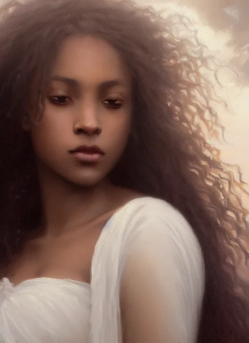 Image similar to oil painting close up portrait of a contemplative young black woman with long dark flowing hair in a white dress, covered in white roses!! at sunset, hazy, digital art, chiaroscuro, artstation, cinematic, golden hour, digital art painting by greg rutkowski, william - adolphe bouguereau, hazy atmosphere, cinematic lighting