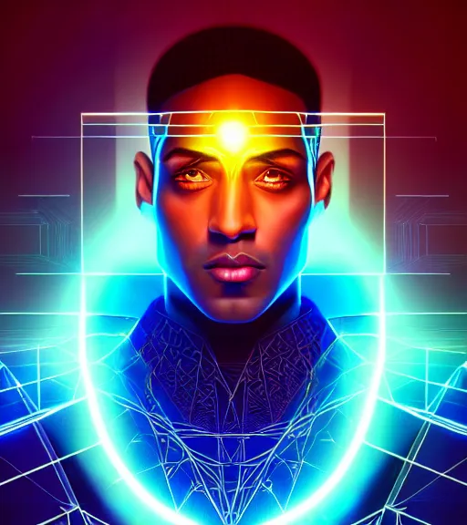 Image similar to symmetry!! egyptian prince of technology, solid cube of light, hard edges, product render retro - futuristic poster scifi, lasers and neon circuits, brown skin man egyptian prince, intricate, elegant, highly detailed, digital painting, artstation, concept art, smooth, sharp focus, illustration, dreamlike, art by artgerm