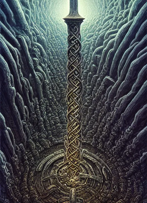 Image similar to hyper detailed ultra sharp mjollnir lightning hammer shape, epic aesthetic, doom, elden ring, stylized viking knotwork, masterpiece, elite, ornate, intricate, digital painting, concept art, smooth, sharp focus, illustration, art by zdizslaw beksinski and dan mumford, alexey egorov, felix englund