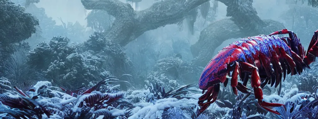 Image similar to large sabretooth lobster with shiny blue fish scales skin and silver electric claws, walking in a dense alien snow covered frosty jungle, with snow covered colourful red, blue and purple plants, large vines, snow covered arched organic rock structures, in the style of monster hunter world, like concept art on artstation, hyperdetailed, vray render, octane render,