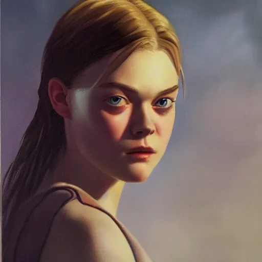 Prompt: ultra realistic portrait painting of elle fanning in resident evil 2 0 0 2, art by frank frazetta, 4 k, ultra realistic, highly detailed, epic lighting