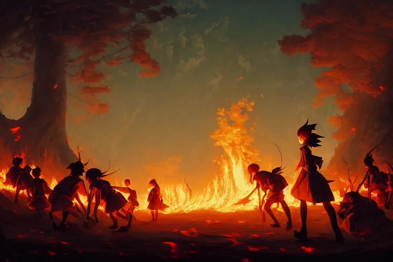 Image similar to baroque oil painting of key visual concept art of anime maids burning down a forest of elves, brutalist, dark fantasy, rule of thirds golden ratio, fake detail, trending pixiv fanbox, acrylic palette knife, style of makoto shinkai studio ghibli genshin impact james gilleard greg rutkowski chiho aoshima