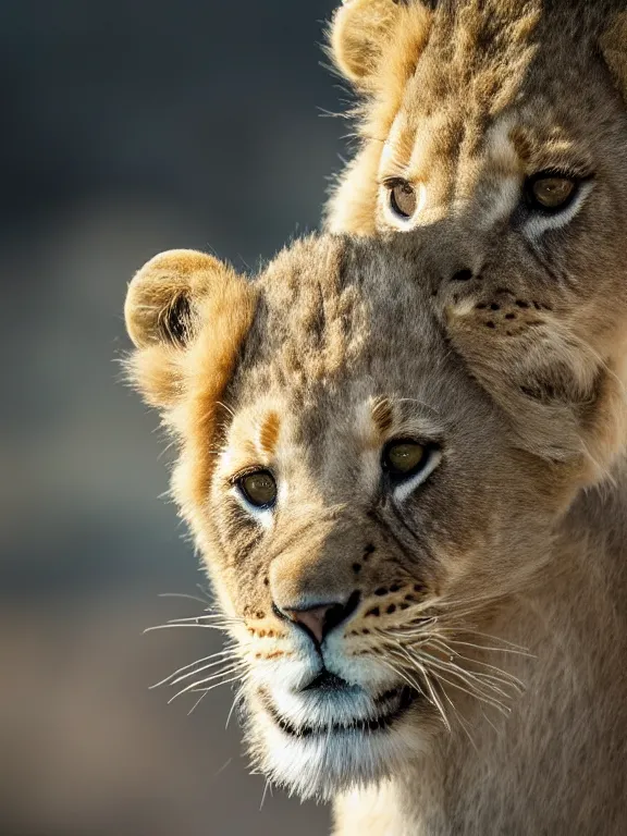 Prompt: 4K HD, high detail photograph, shot with Sigma f/ 4.2 , 250 mm sharp lens, shallow depth of field : (subject= baby lion and cute duck + subject detail= accurate body features, consistent, high detailed light refraction , high level texture render)