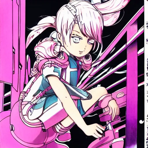 Image similar to pink haired child posing atop a giant robot, anya, spy x family manga, anime, by tatsuya endo