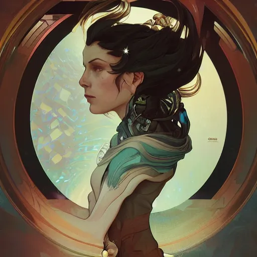 Prompt: portrait of a female space explorer, D&D, fantasy, elegant, hopeful, cosmic, muscular, highly detailed, digital painting, artstation, concept art, sketchy linework, sharp focus, illustration, art by alphonse mucha and peter mohrbacher