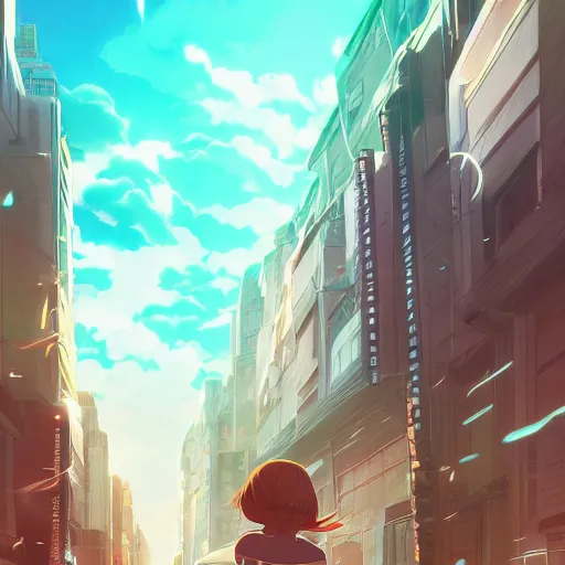 Image similar to a beautiful woman with a hime haircut, dark brown hair and tan skin, dark brown eyes, city landscape, 4k, anime key visual, lois van baarle, ilya kuvshinov, rossdraws, artstation