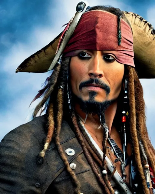 Image similar to Film still close-up shot of Dwayne Johnson as Captain Jack Sparrow from the movie Pirates of the Caribbean. Photographic, photography