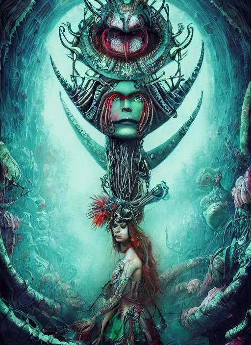 Prompt: alice in wonderland, aztec god, alien, highly detailed, cinematic, 8 k, by megan duncanson, benjamin lacombe, adrian borda, stanley artgermm, tom bagshaw, craig mullins, carne griffiths, ayami kojima, beksinski, giger, trending on deviantart, hyper detailed, horror, full of colour