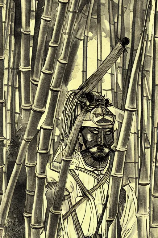 Image similar to close up of samurai warrior in a bamboo forest, an illustration by joe david benzal