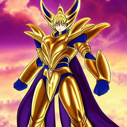 Image similar to full shot of Saint Seiya knight wearing golden Cat armor, detailed, inspired by Masami Kurumada, ArtStation