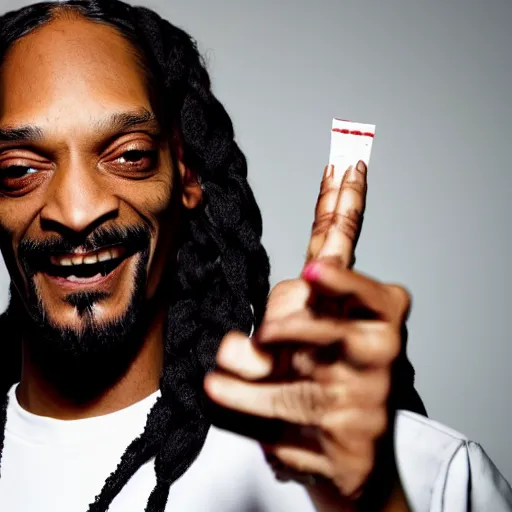 Image similar to Snoop Dog with big eyes eye color red , smiling and holding a joint in his hand