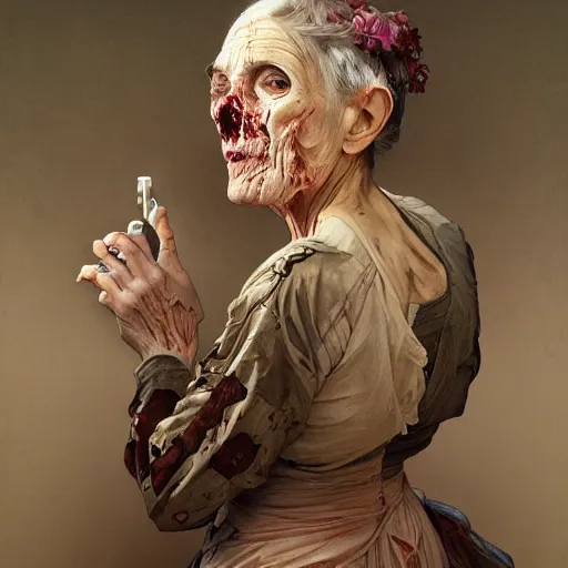 Prompt: elderly zombie woman, intricate, art by artgerm and greg rutkowski and alphonse mucha and william - adolphe bouguereau, high detailed, 4 k,