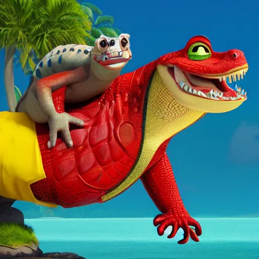 Image similar to 3 d render, anthropomorphic alligator, red scales on his back, yellow scale on his belly and chest, male, waring a hawaiian shirt, in the style of zootopia, hd, 4 k, high definition background