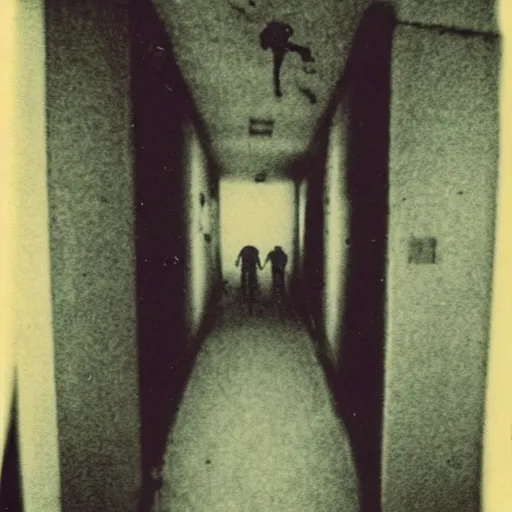 Prompt: a terrifying fungus zombie at the end of a hallway, dark!, creepy, nightmare fuel!!!, horror, horrifying, unsettling, uncanny valley!, old polaroid, expired film,