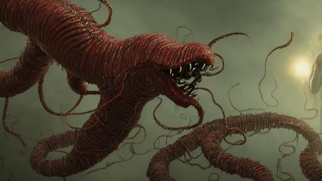 Image similar to screaming worm monster, maximalist, high detail, 8k, ornate, dark fantasy, realistic, masterpiece, complex, WLOP, film still from the movie directed by Denis Villeneuve with art direction