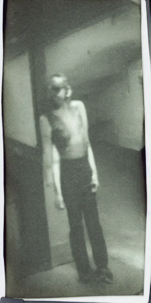 Image similar to found old polaroid photo of a pale cryptid in a musty basement, sharp focus, detailed