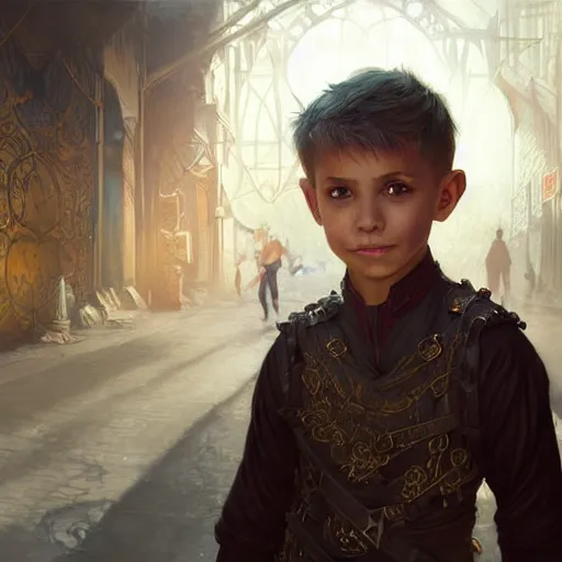 Image similar to portrait of a young boy wearing fantasy thief clothing in the slums of a fantasy city, blonde hair, d & d, fantasy, joyful smirk, intricate, elegant, highly detailed, digital painting, artstation, concept art, matte, sharp focus, illustration, art by artgerm and greg rutkowski and alphonse mucha