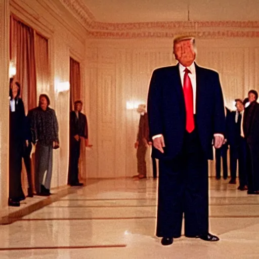 Image similar to Donald Trump doing the Here's Johnny! scene in The Shining