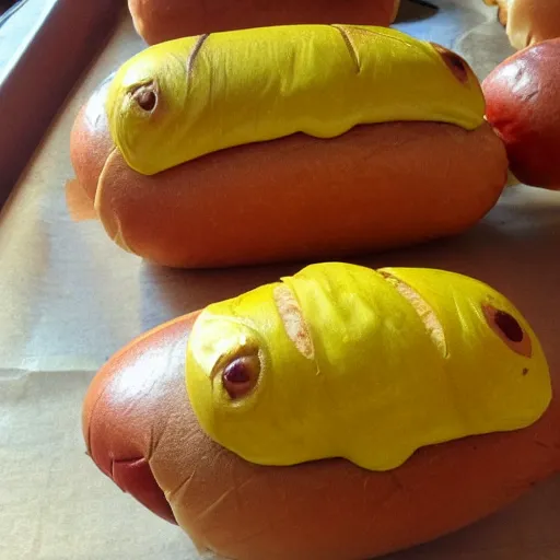 Image similar to pepe the frog in a hot dog bun covered in mustard x 4