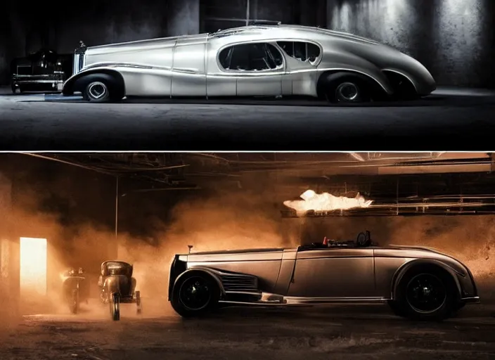 Prompt: sports car in garage dark atmospheric volumetric lighting moody dark cinematic Roger Deakins Cinematography cyberpunk car Model-T Ford Rolls Royce Silver Ghost 1936 Mercedes-Benz 500K ikuo maeda Newton Thomas Sigel