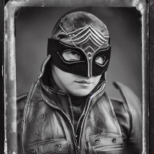 Image similar to tintype photographs of superheroes, masked wrestlers, monster hunters, technowizards