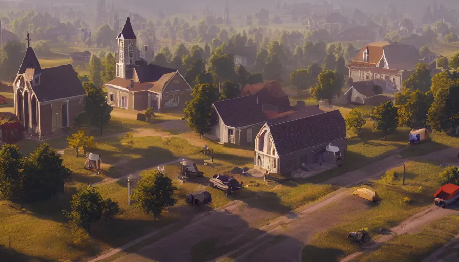 Image similar to midwest town with church, square, trees, sunny day, volumetric light, hyperdetailed, artstation, cgsociety, 8 k