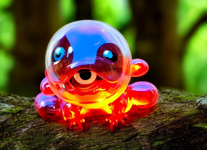 Image similar to photo of a translucent clear chibi style baby dinosaur with symmetrical head and eyes, made out of clear plastic, but has red hypercolor glowing electric energy inside its body, and electricity flowing around the body. in the forest. fantasy magic style. highly detailed 8 k. intricate. nikon d 8 5 0 3 0 0 mm. award winning photography. design by pixar