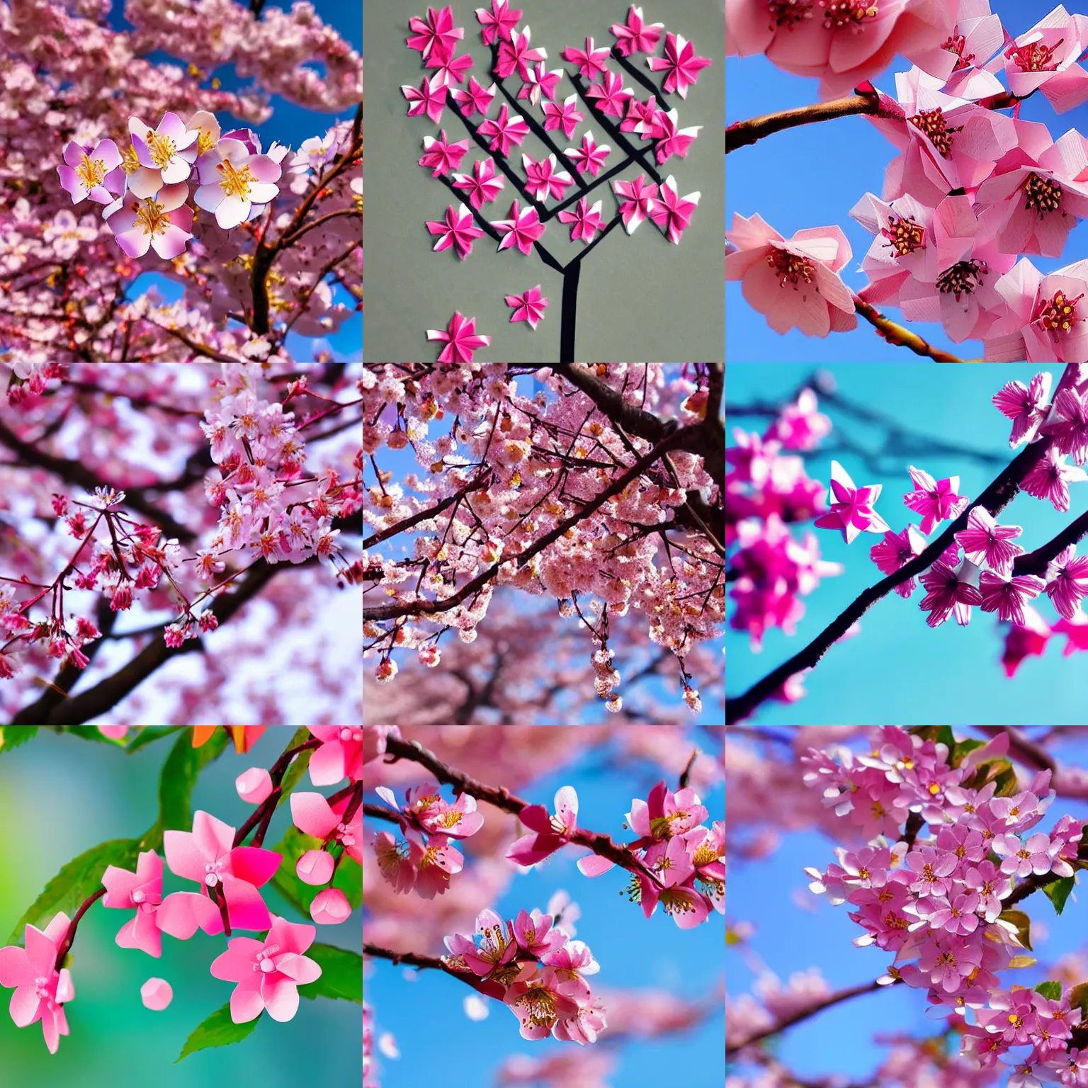 Prompt: close up of blossoming cherry tree with origami flowers, peaceful, colorful