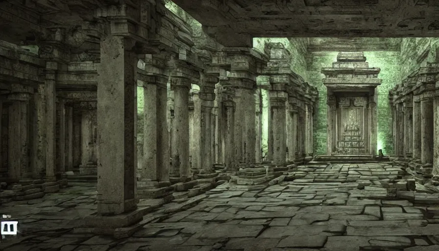 Image similar to cinematic film still, inside an huge ancient temple, Cthulhu, ancient, green ambient light, light mist, lovecraftian 4k C 10.0