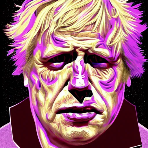 Prompt: dramatic digital drawing of boris johnson as the terminator (1984), one eye is red and glowing, half face skeleton, cinematic lighting