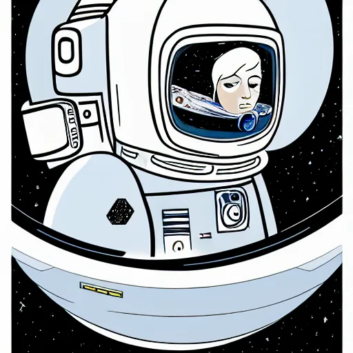 Image similar to Medium shot of a futuristic astronaut relaxing in space designed by Marjane Satrapi, digital art, cartoon art, minimalistic, illustration, fine lines, dadaistic,