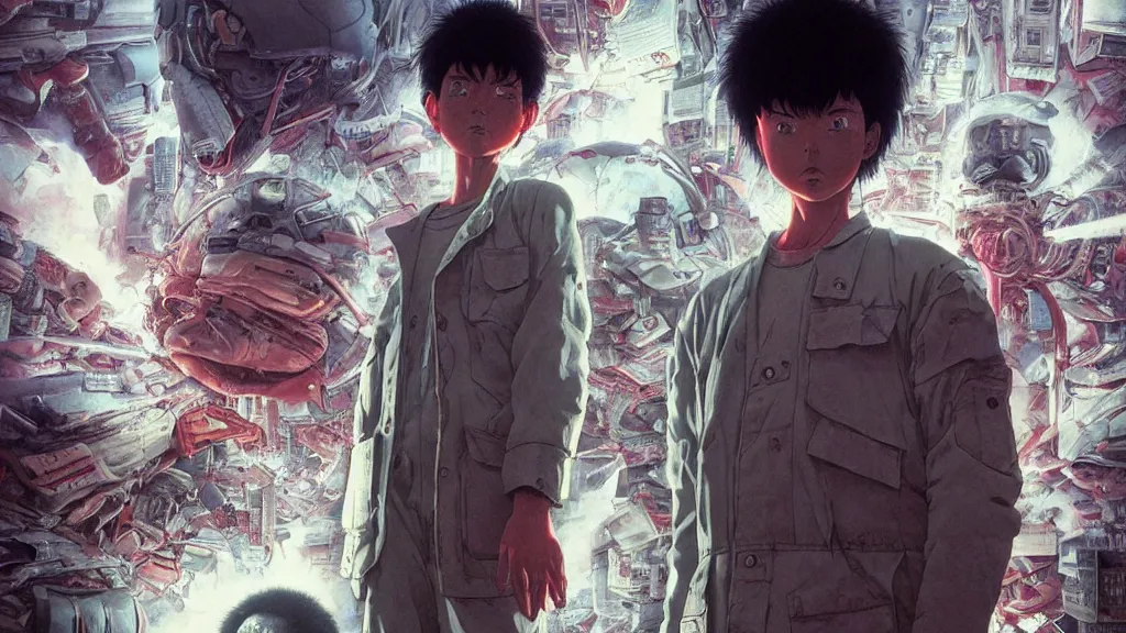 Image similar to realistic aesthetic highly detailed photography of characters in akira scene, characters with hyperrealistic highly detailed faces. from akira by katsuhiro otomo and alejandro hodorovski and denis villeneuve and gregory crewdson style with many details by mike winkelmann and vincent di fate in sci - fi style. volumetric natural light hyperrealism photo on dsmc 3 system