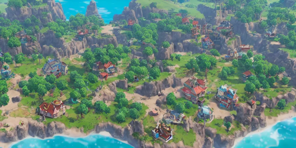 Image similar to small coastal town in a video game similar to pokemon sword and shield. varied height level terrain, various points of interest, overview