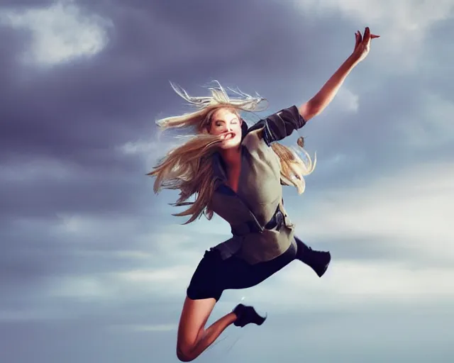 Image similar to a photo of margot robbie in the air jumping from a helicopter, hyper realistic faces, beautiful eyes, cinematic, long shot, hyper detailed, 8 5 mm photograph, 8 k resolution, film still, sharp lens, wide lens