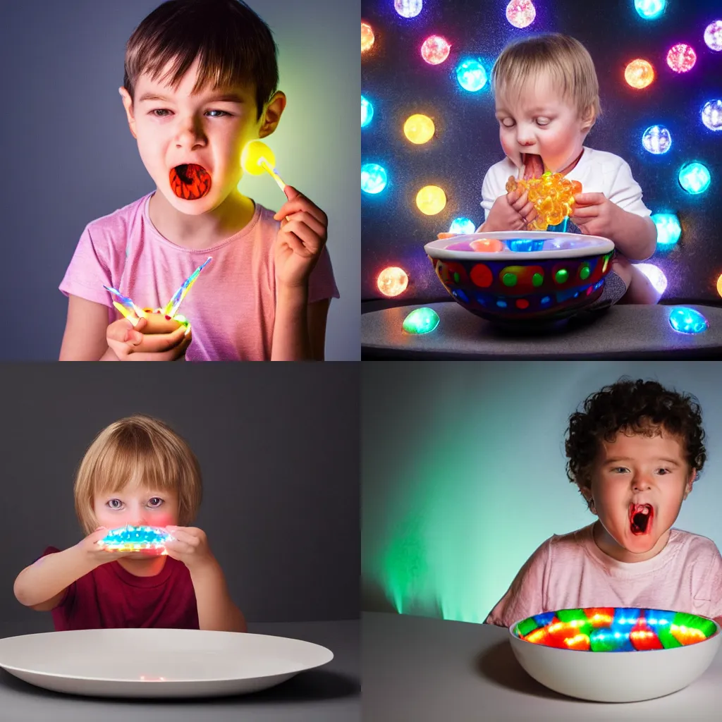 Prompt: child eating a bowl of LEDs, commercial studio photo