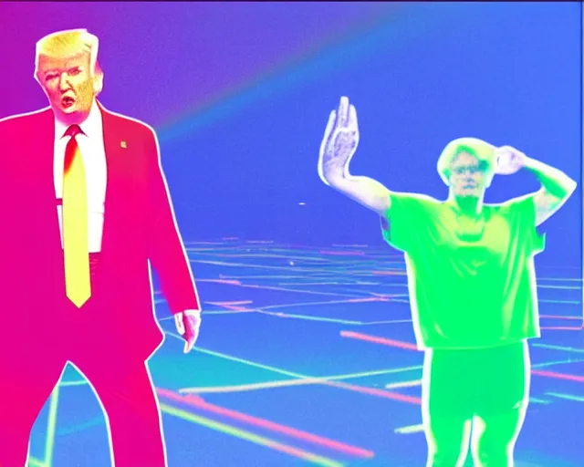 Prompt: Donald Trump in 80s workout gear, laser background, vaporwave aesthetic