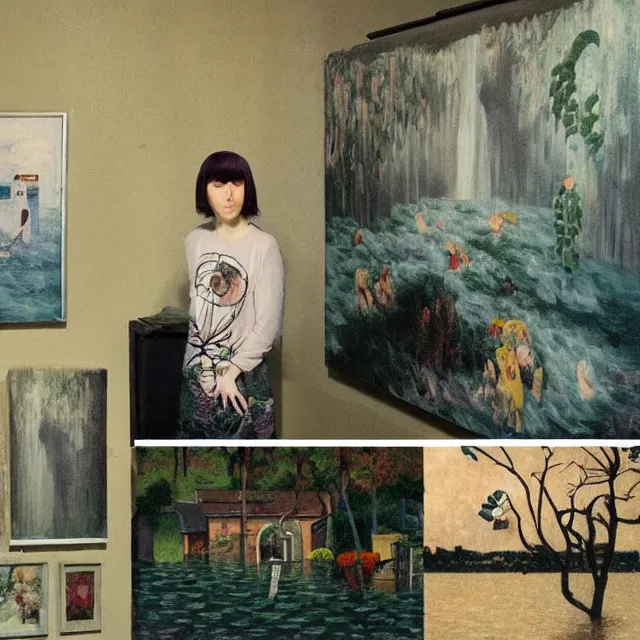 Image similar to tall female emo artists in their flooded apartment, painting of flood waters inside an artist's home, a river flooding indoors, pomegranates, pigs, ikebana, zen, water, octopus, river, rapids, waterfall, black swans, canoe, berries, acrylic on canvas, surrealist, by magritte and monet