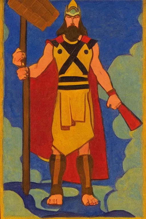 Image similar to thor with hammer, marvel, artwork by nicholas roerich,