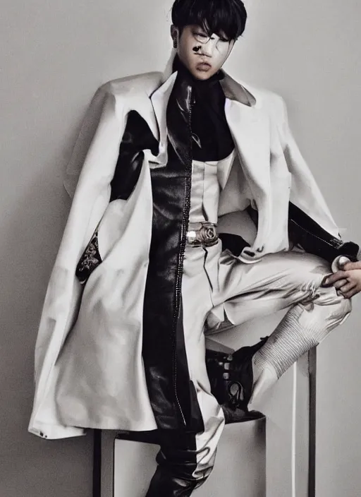 Image similar to jimin styled by nick knight posing, couture, vogue magazine, highly realistic. high resolution. highly detailed. dramatic. 8 k. 4 k.