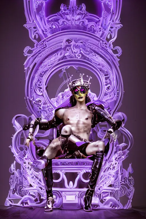 Prompt: full-body rococo and cyberpunk style violet neon statue of a young attractive Spanish male macho dotado android reclining sim roupa con piroca, glowing white laser eyes, prince crown of orange gears, diamonds, swirling silver-colored silk fabric. futuristic elements. full-length view. space robots. human skulls. intricate artwork by caravaggio. Trending on artstation, octane render, cinematic lighting from the right, hyper realism, octane render, 8k, depth of field, 3D