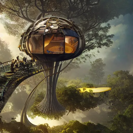 Prompt: futuristic treehouse by Jim Burns, fine art, digital art, cinematic lighting, hyperdetailed, 8k, high resolution, insanely detailed and intricate, unreal engine, octane render