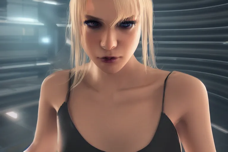 Image similar to a beautiful blonde girl trapped in the matrix, futuristic, cyberpunk, 3 d rendered, 3 d rendering, dramatic lighting, dark theme, hdr, unreal engine 5, hyper realistic