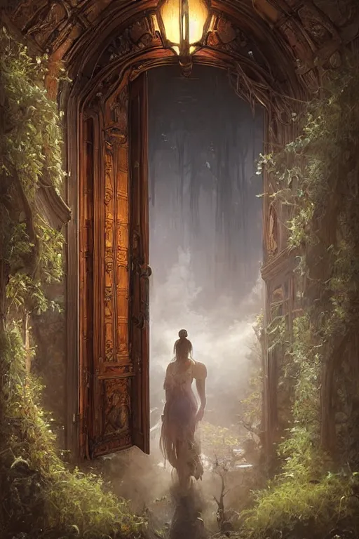 Image similar to large rustic intricately decorated wooden double door, metal handles, a view to a fantasy world, ethereal back light, mist, coherent composition, fantasy painting by artgerm, greg rutkowski, noriyoshi ohrai, yuumei