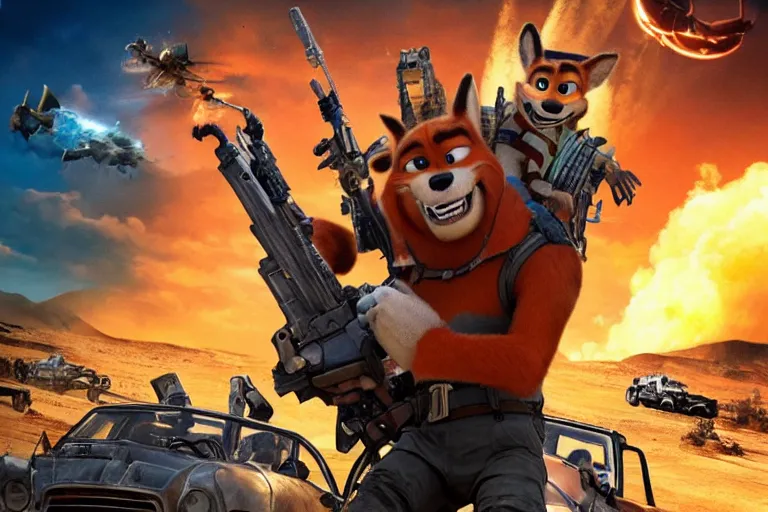 Image similar to nick wilde, heavily armed and armored facing down armageddon in a dark and gritty reboot from the makers of mad max : fury road : witness me