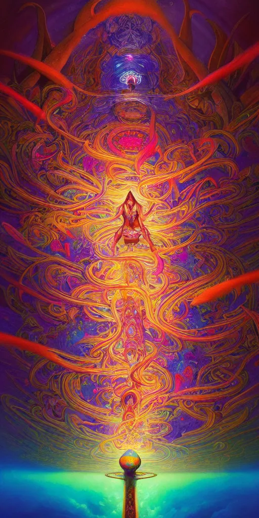 Prompt: An extremely psychedelic abstract illustration of gatewat to celestial dreams, colorful, surreal, dramatic lighting, magic mushrooms, psilocybin, LSD, detailed, intricate, elegant, highly detailed, digital painting, artstation, concept art, smooth, sharp focus, illustration, art by Krenz Cushart, greg rutkowski and zdzislaw beksinski and alphonse mucha, unreal engine 5 render, 8k