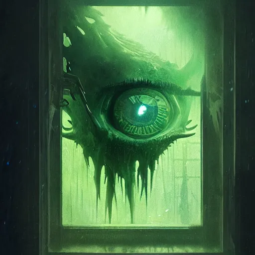 Prompt: strange creature looking inside through the window, night, realistic lighting, darkness outside the window, glowing green eyes, horror, by greg rutkowski, wlop and ruan jia, illustration, fantasy, hyper detailed, unreal engine, sharp focus, ray tracing