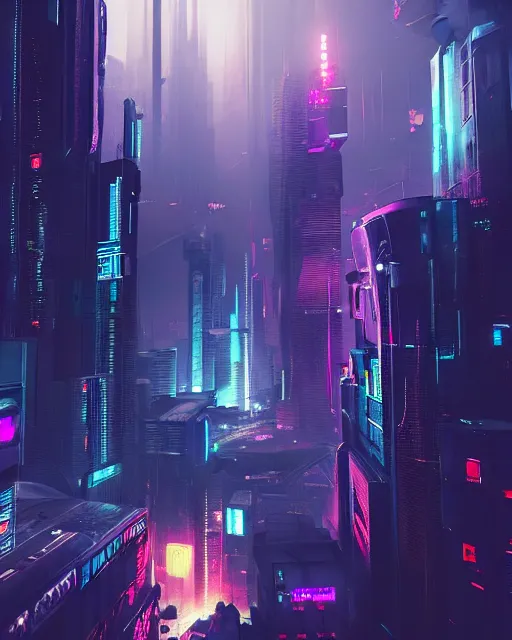 Prompt: cyberpunk scifi scene of a city at night, drone view, drones flying by, artstation, matt painting, very detailed, maximalism, ambient occlusion, volumetric light, atmospheric haze, unreal engine, hyper realism, realistic shading, cinematic composition, realistic render, octane render, detailed textures, photorealistic, wide shot