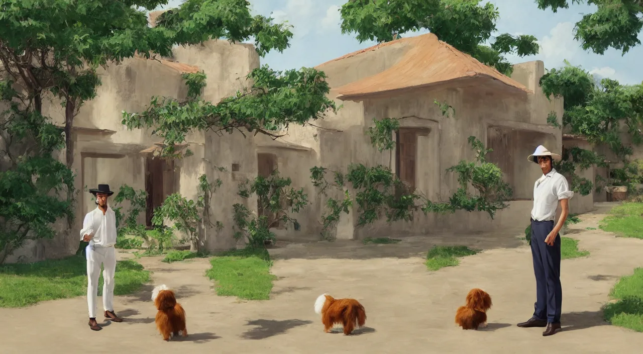 Image similar to a young man wearing a canotier cuban hat, crisp white linen shirt and slacks, leather boots, speaking to a large cream - colored havanese dog, outside a hacienda in cuba, 1 9 0 0, tartakovsky, atey ghailan, goro fujita, studio ghibli, rim light, mid morning lighting, clear focus, very coherent